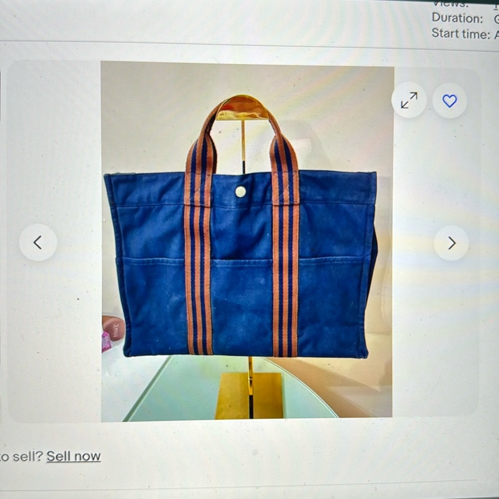 HERMES Paris Fourre Tout MM Navy/Brown Canvas Tote, Hand Bag. Made In France